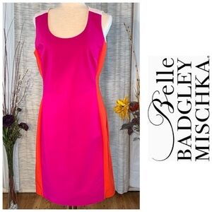 Belle Badgley Mischka pink-orange-white color block sleeveless sheath dress.